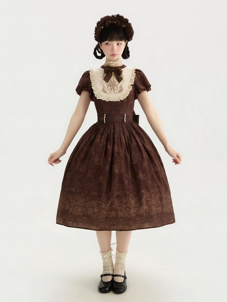 Bodice Lolita Long and Classic Floral Brown One Piece Embroidery Version Bowknot