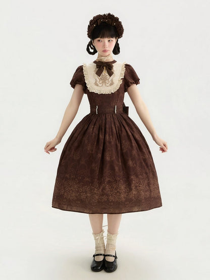 Bodice Lolita Long and Classic Floral Brown One Piece Embroidery Version Bowknot