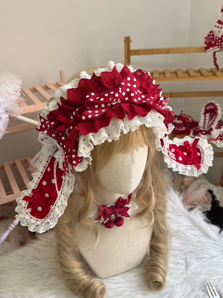 Lace Bunny Hairband Bow Trim Polka-dot Red Ear