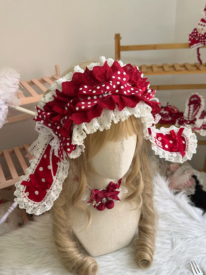 Lace Bunny Hairband Bow Trim Polka-dot Red Ear