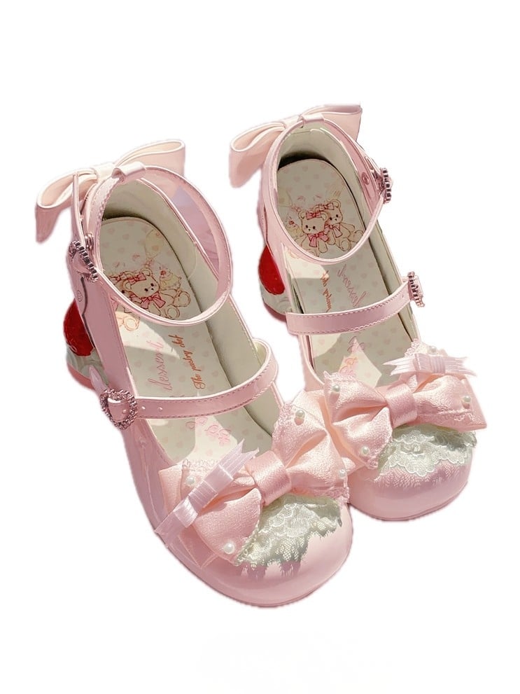 Beaded Pink PU Janes Bows with Sweet Heel Heart Mary - Cake Crystal Strawberry Lolita Snap