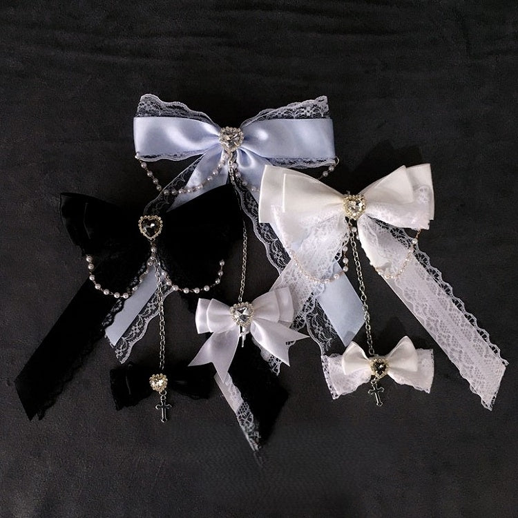 Chain Heart Lace Bow Beads Rhinestone with Hairclip Black/White/Lightblue