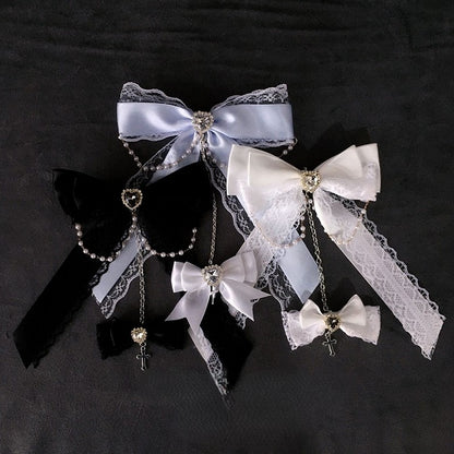 Chain Heart Lace Bow Beads Rhinestone with Hairclip Black/White/Lightblue