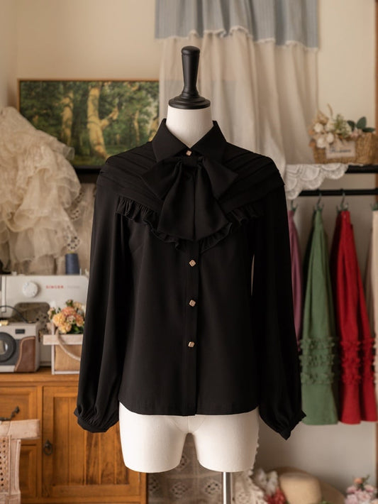 Black Long Sleeves Ruffle Trim Shirt with Bow Tie