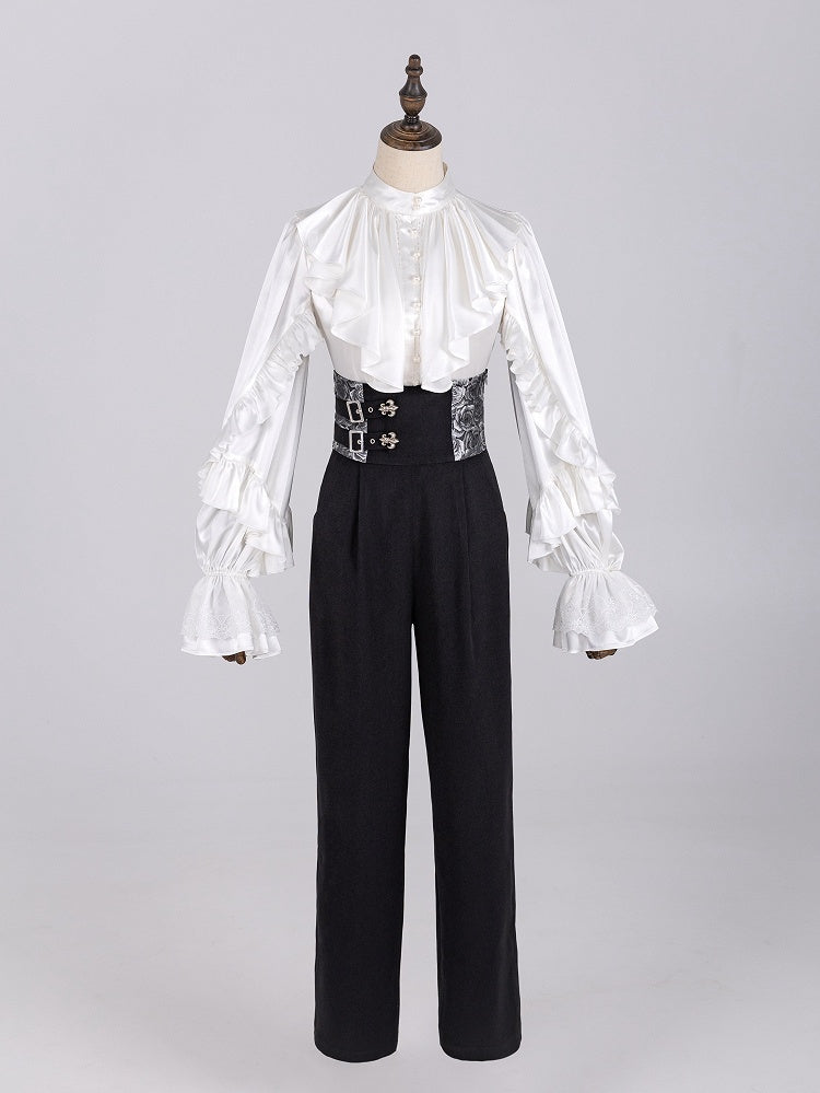 Elegant White Ruffled Bodice Shirt with Flounce Trim and Long Sleeves - DevilInspired Exclusive Collection