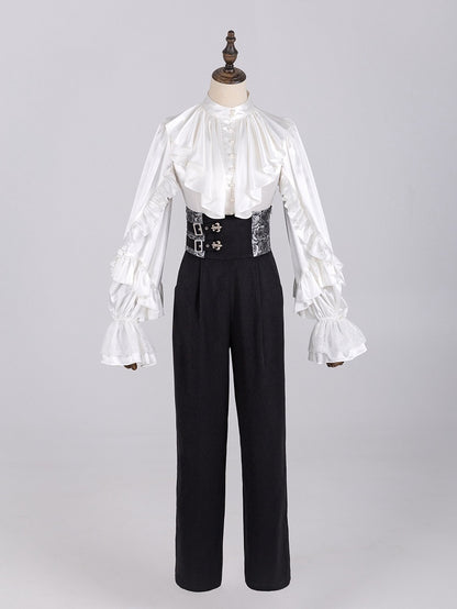 Elegant White Ruffled Bodice Shirt with Flounce Trim and Long Sleeves - DevilInspired Exclusive Collection