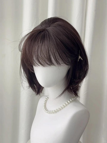 with Short Straight Bangs 30CM Full Black Wig Tea
