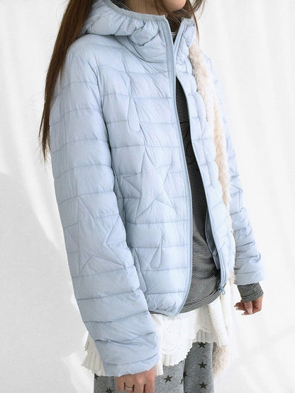 Teardrop Pattern Zipper Jacket with Blue Front Down Hooded - Star Ribbed