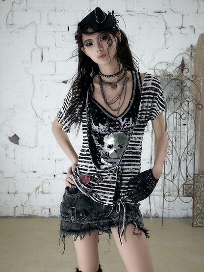 Black White Street Punk Two-Piece Set with Asymmetric Top and Skull Tank - NO ROMANCE