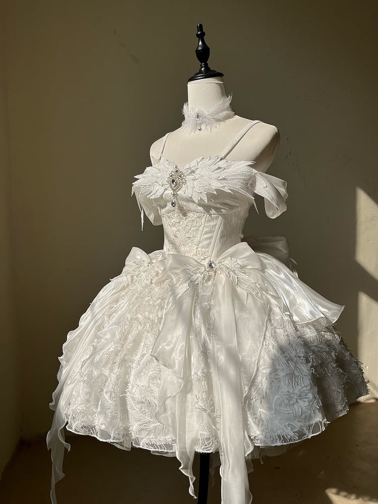 Brustumfang: Weißer Schwanenstoff, Taille: Prinzessin, 92–96 cm, Feder-Baskenkleid, Feenträger, XL, Shiro für Lolita, Spaghettiträger in Ausverkaufsgröße
