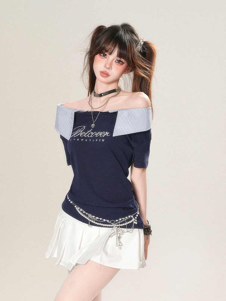 T-Shirt Foldover Navy Striped Neckline with Letter Blue Print Glamorous Collar - Asymmetrical