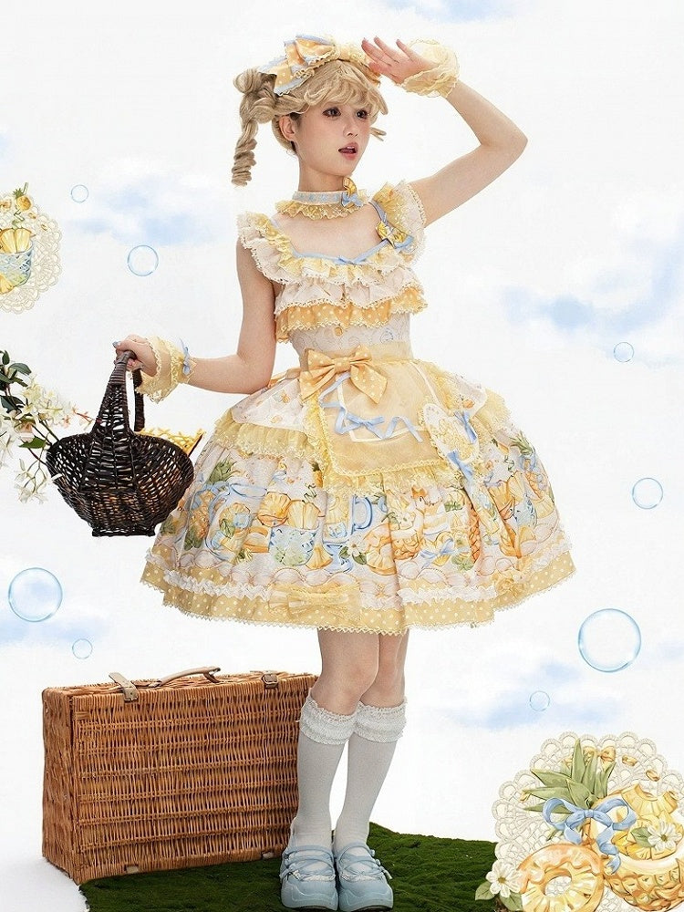 Yellow & Blue Polka Dot Fruit Print Lolita JSK Dress with Lace Details - Badoni B DOLLY Original Design