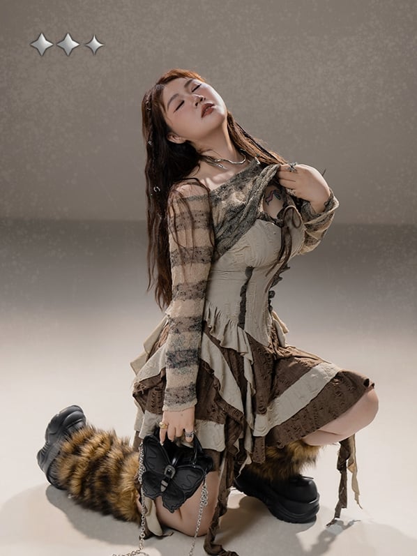 Punk Plus Size Asymmetrical Neckline Brown Striped Coverup Wasteland