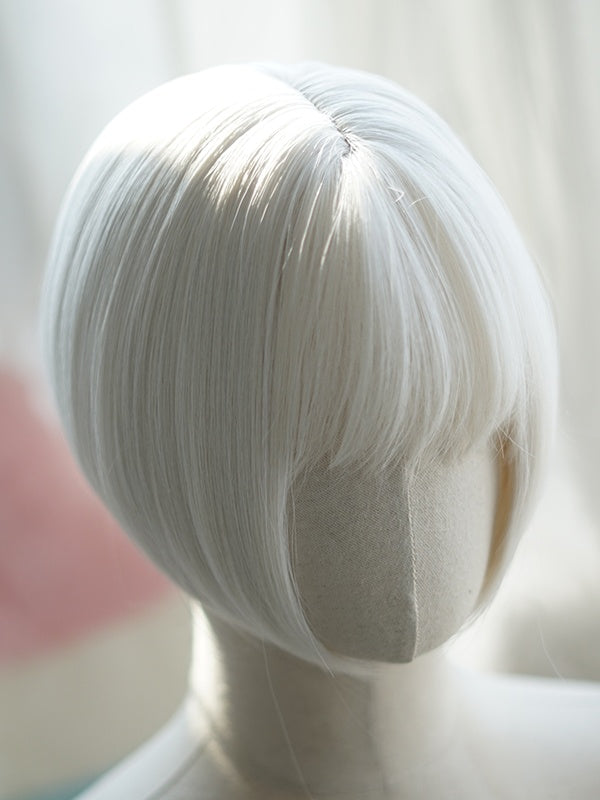 Milk White and Light Blonde and Black Bob Cut Short Straight Wig With Full Bangs