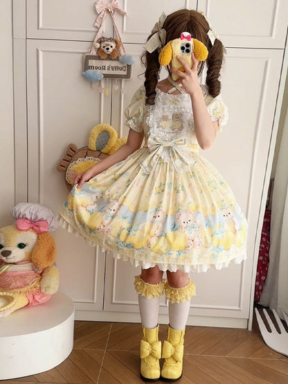 Lemon Yellow Lolita Sleeves Print Sweet Short Dress Teddy and