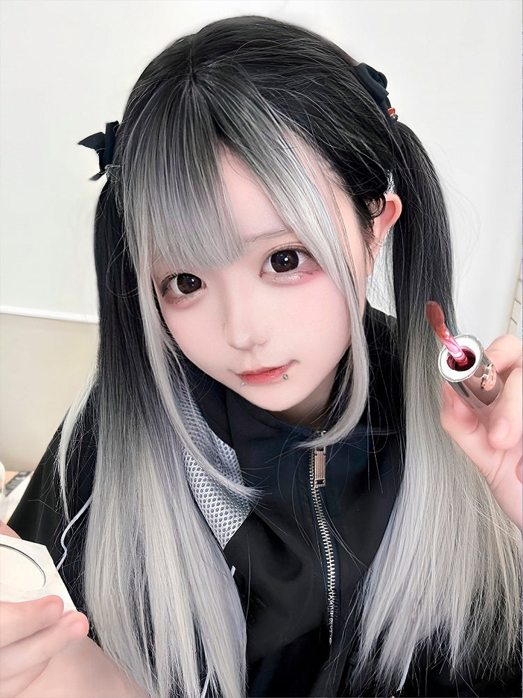 Ombre Bangs 68CM With Wig Air Silver And Black Straight