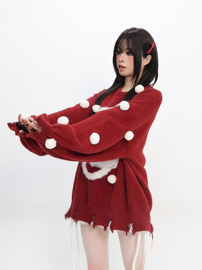 Daily Embellishments Neck Round Kawaii with Red Sweater Pom-pom