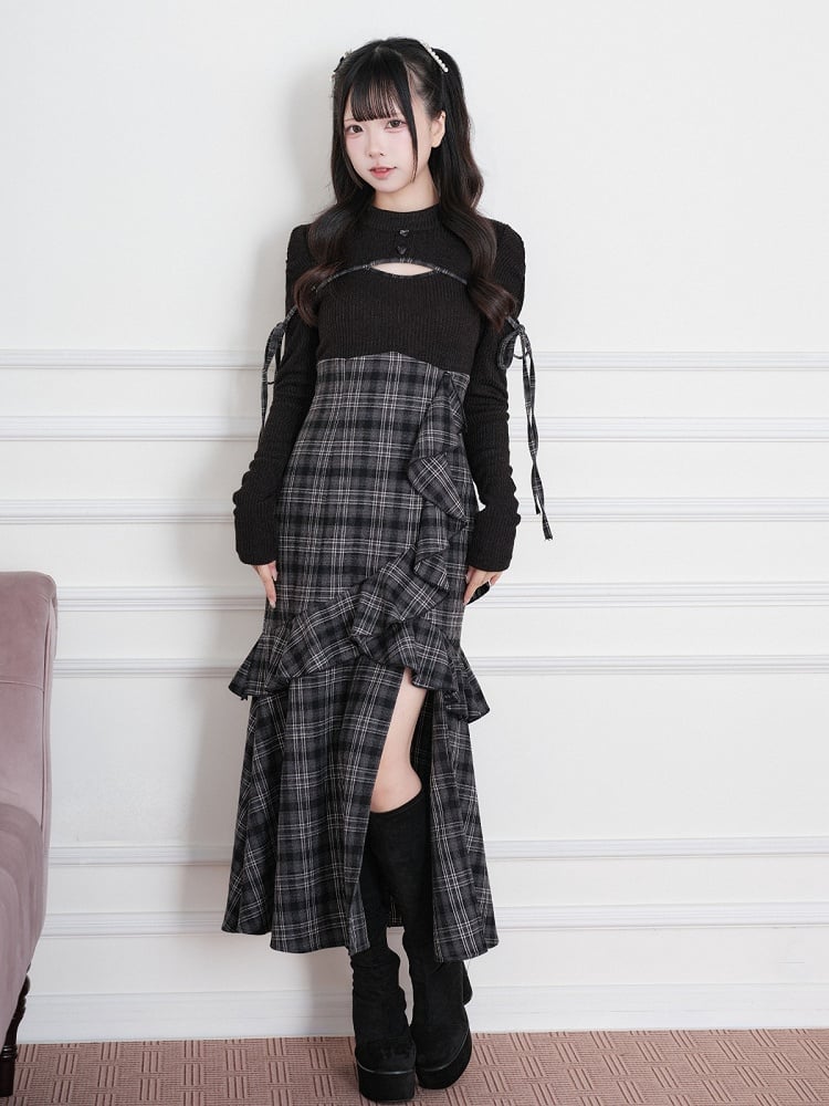 Black Jirai-Kei Faux Two-Piece Plaid Knit Long-Sleeve Dress, Ruffles & Hem Slit - No Genki