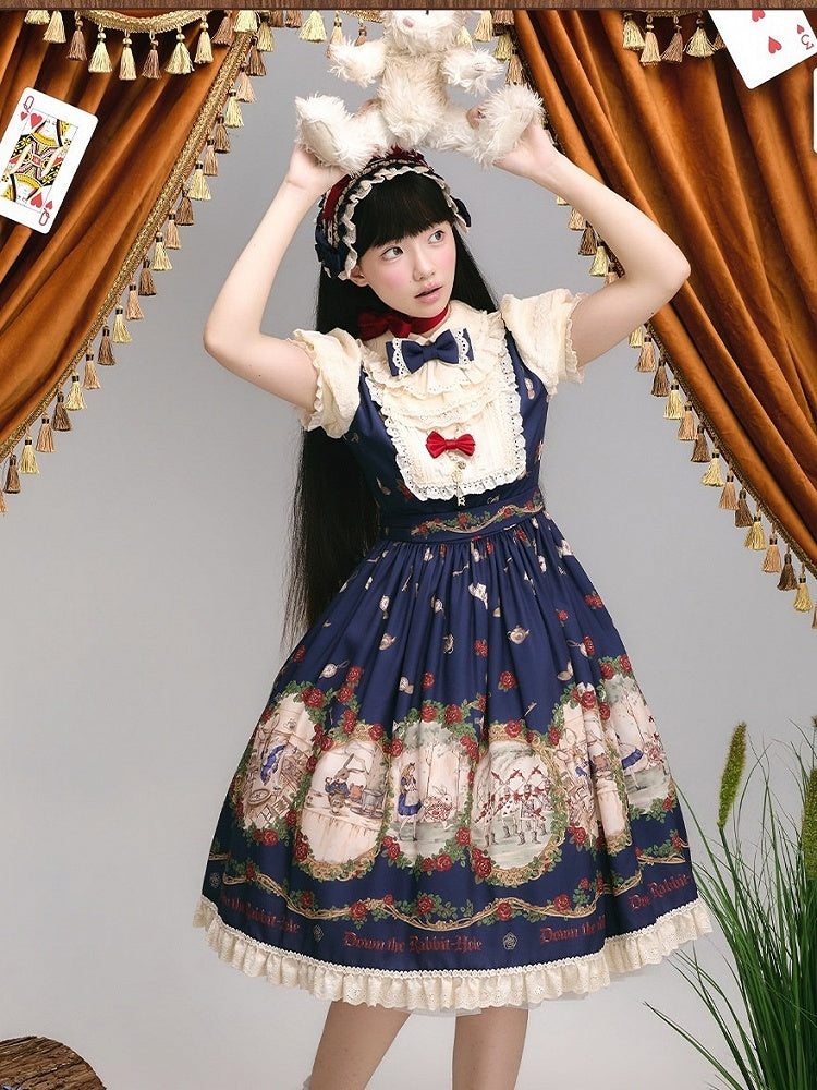 Wonderland Alice Floral Print Dark Blue Lolita OP Puff Sleeves - Stars Fall on the Foggy Island