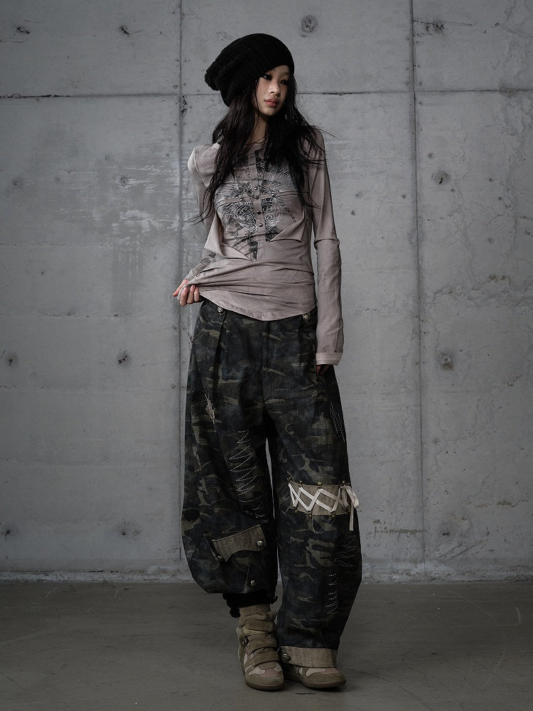 Knit Vintage Wing Print with Design Cross Deconstructed Gray Top Punk