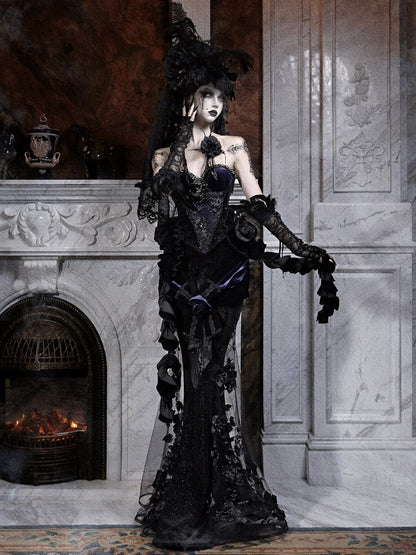 Mesh Accent with Flower Bow Black Mermaid Skirt Rose Beaded Shimmering Panels Purple