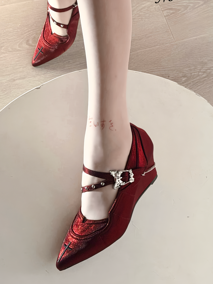 Cross Mary Toe Pointed with Velvet Shoes Gothic Red Embroidery Jane Heel 7cm