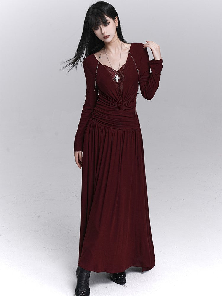 Maxi Gothic Detaillierung mit dunkelrotem Bauchkleid Spitze V-Ausschnitt gerüscht