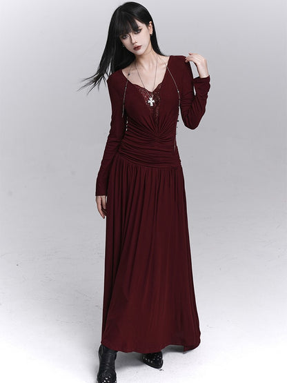 Maxi Gothic Detaillierung mit dunkelrotem Bauchkleid Spitze V-Ausschnitt gerüscht