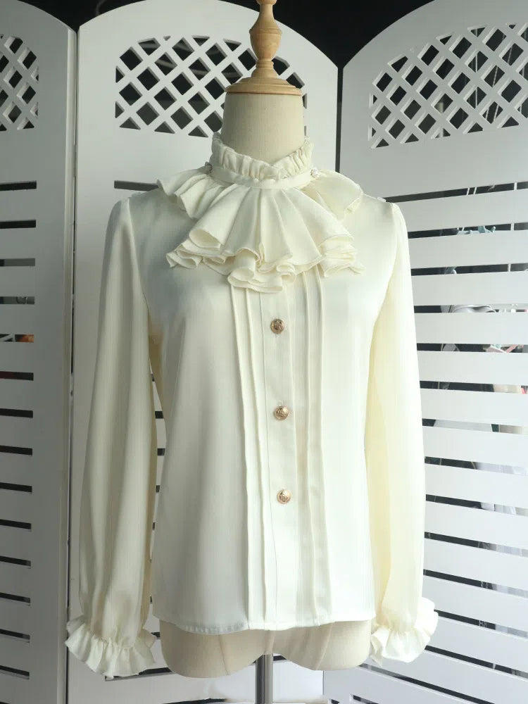 Off White Ouji Lolita Jabot Collar Ruffle Neckline Long-Sleeve Shirt