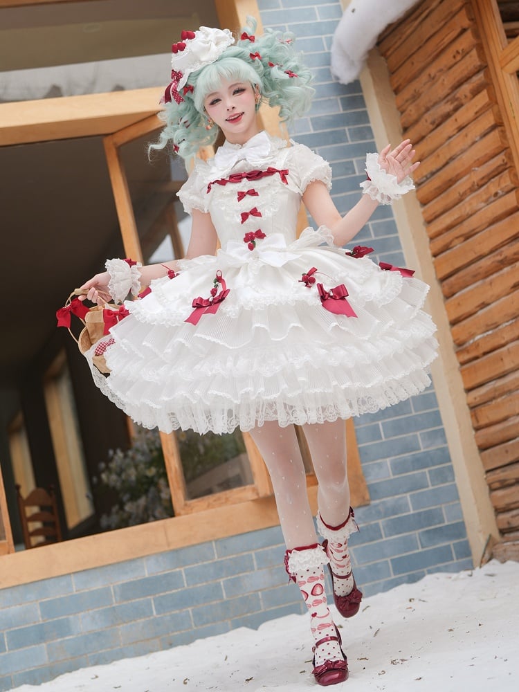 ホワイトストロベリープリンセスレイヤードフリルドレス、取り外し可能なパフスリーブ付きスイートロリータジャンパースカート