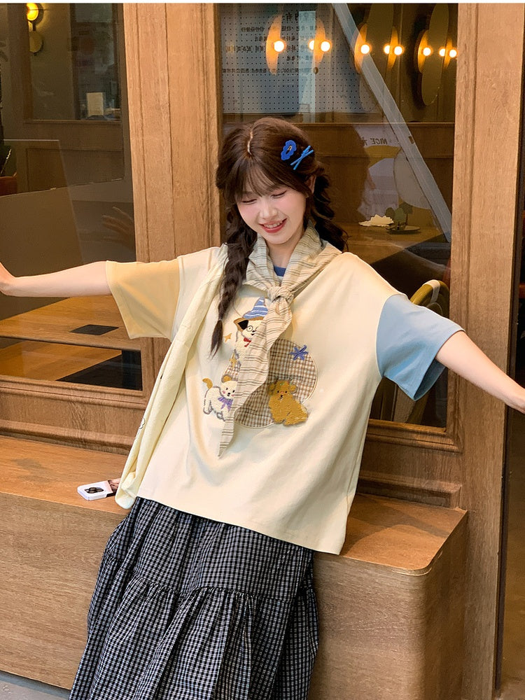 カラーブロックデザイン パピー刺繍Tシャツ オレンジブルー