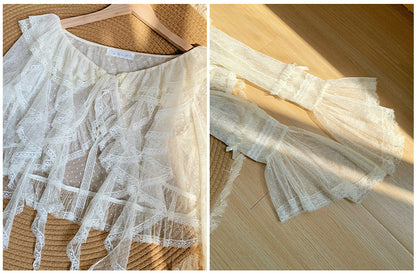 Cascading Beige Dotted Ruffle Trim Tulle Long Sheer Top Sleeves