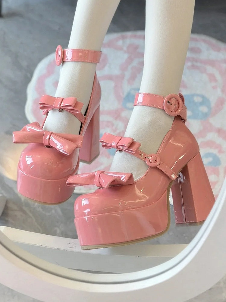 Block Circular Accent Janes Mary - Heel High Barbie Elegant and Pink Bow Clasp Removable