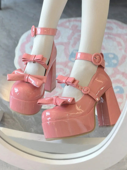 Block Circular Accent Janes Mary - Heel High Barbie Elegant and Pink Bow Clasp Removable