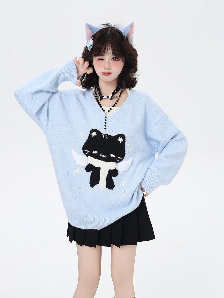 V-Neck Faux Two-Piece Sweater with Scarfed Angel Cat Pattern Blue/Gray