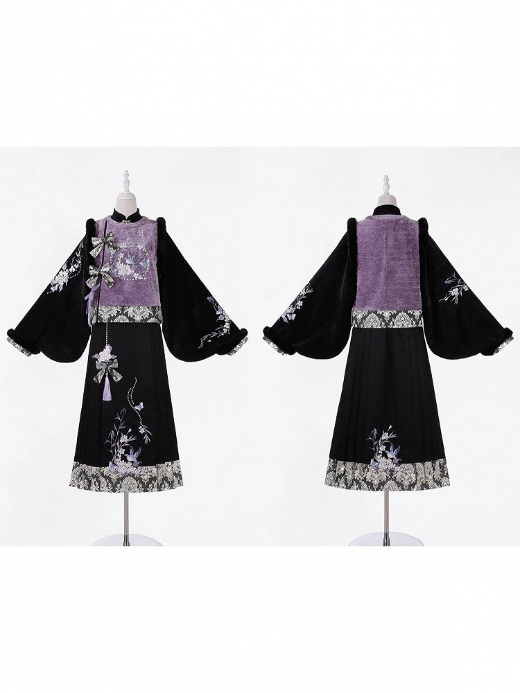 Oriental Embroidered Floral Blouse in Black & Purple with Fuzzy Trim Vest and Pleated Skirt - Han Ru Chu Hanfu &amp; Han-Element Studi