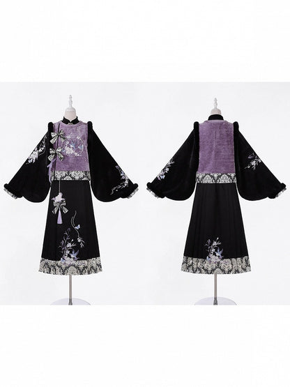 Oriental Embroidered Floral Blouse in Black & Purple with Fuzzy Trim Vest and Pleated Skirt - Han Ru Chu Hanfu &amp; Han-Element Studi