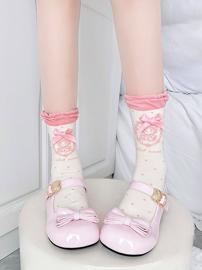 Pink/Brown Cute Girl & Polka Dot Pattern Bubble Ruffle Cotton Socks with Bow Decorations