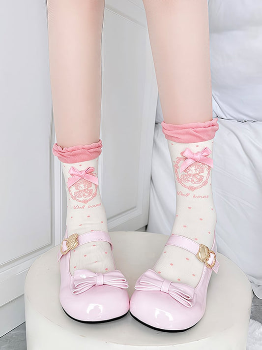 Pink/Brown Cute Girl & Polka Dot Pattern Bubble Ruffle Cotton Socks with Bow Decorations