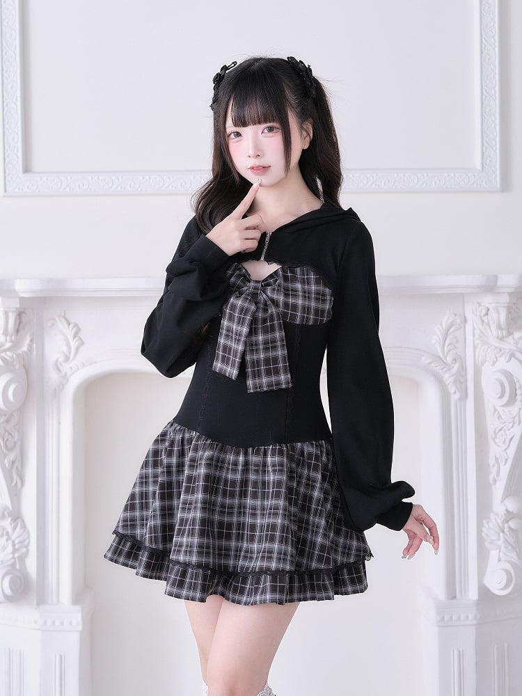 Black Dress Sleeve With Kei Design Plaid Long Jirai Hooded