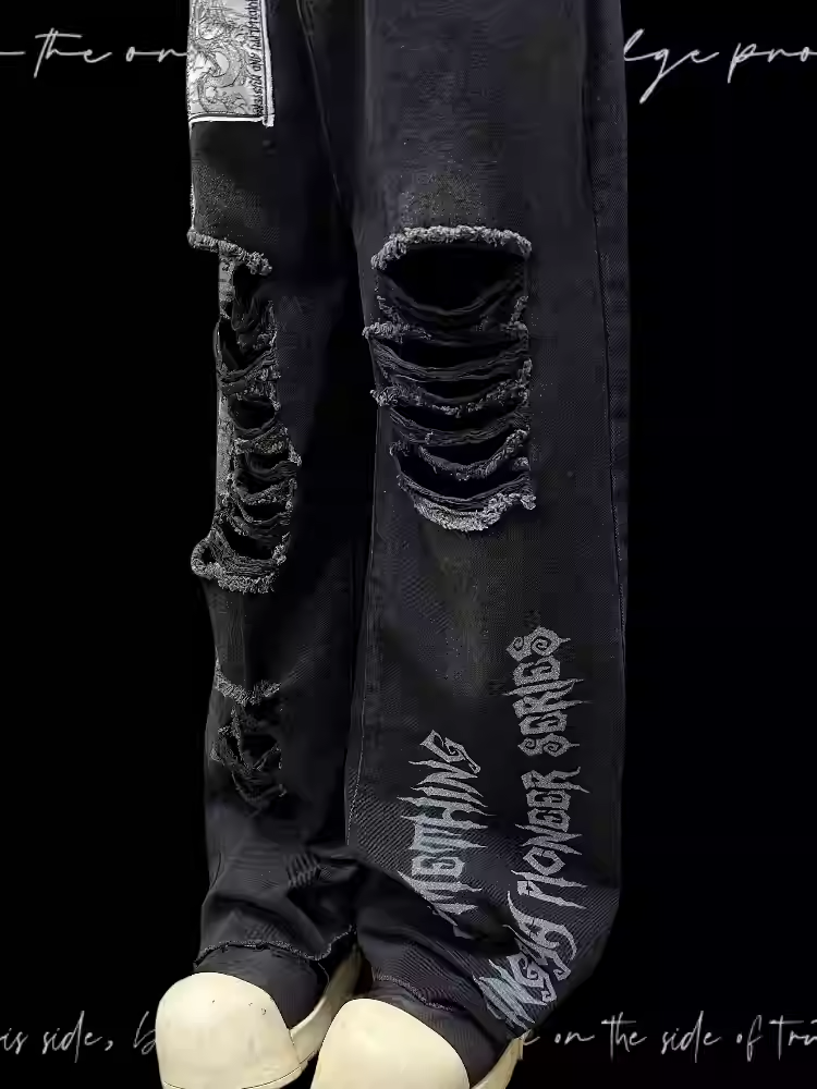 Schwarz Punk Print Dragon Holes Saum Jeans Distressed Applikationen Raw