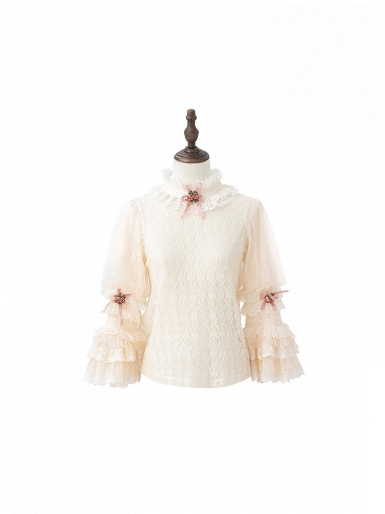 with Lolita Accents Lace Bell Beige Blouse Flower Sleeves
