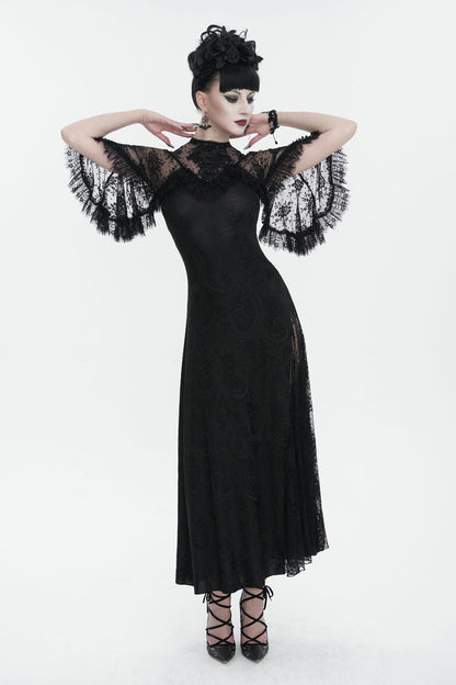 Black Stretch Printed Knit Panel Lace High Slit Asymmetric Gothic Dress