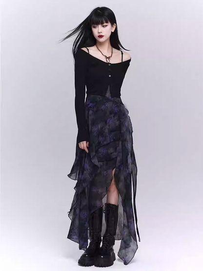 Black & Purple Floral Asymmetrical Hem Glamorous Cami Dress