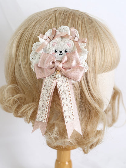 Pink Bow Hairclip / Green Coffee Adorable Sweet Lolita Bear Lace