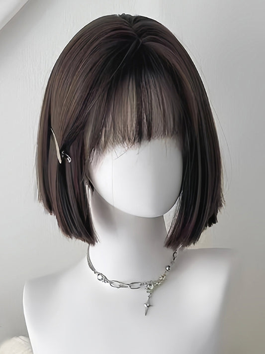 ストレートブラックウィッグショートバングエア