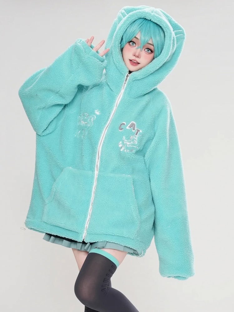 Grün/Marineblauer Fleece-Kapuzenpullover mit süßem Katzenohren-Design