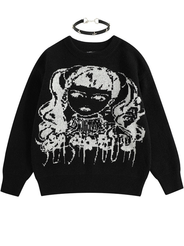 ワインレッド/ブラック Y2K ガール柄セーター（フリーチョーカー付き）