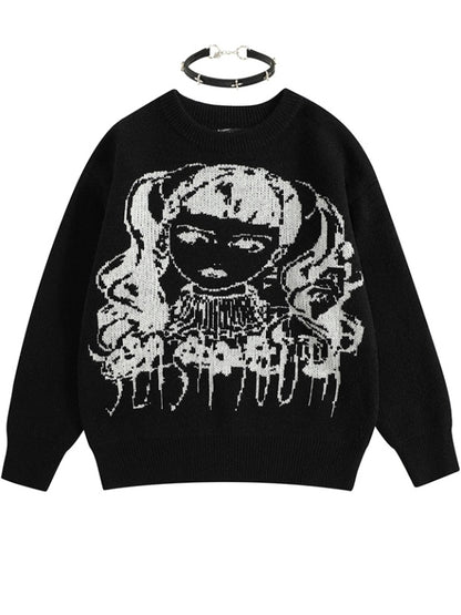 ワインレッド/ブラック Y2K ガール柄セーター（フリーチョーカー付き）