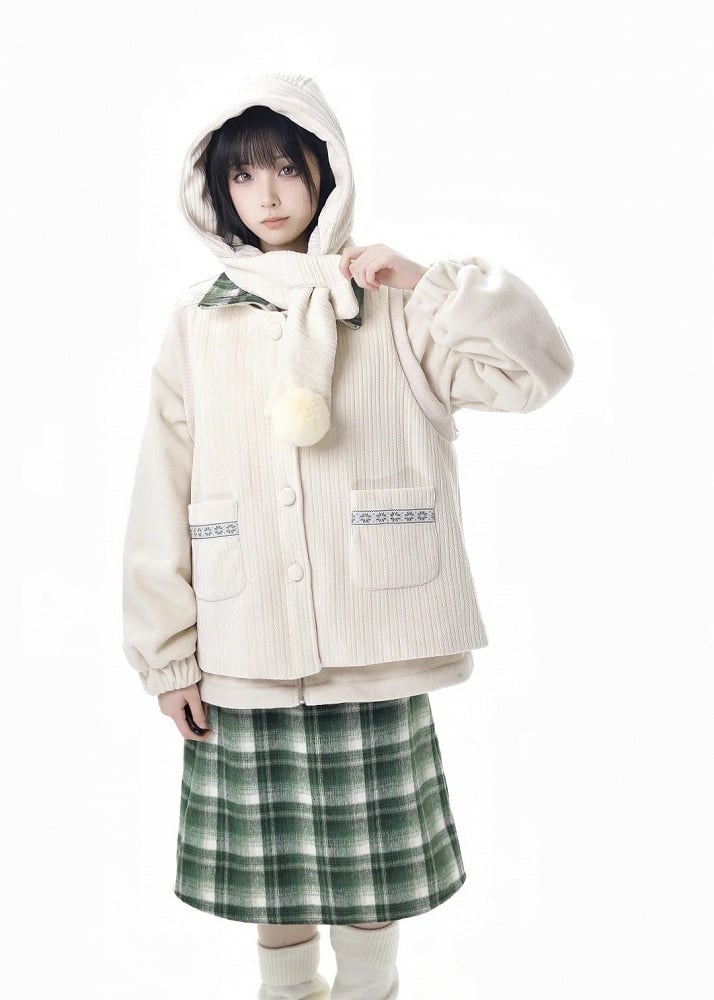 アプリコットホーンボタンデザインフリースコート+ポンポンスカーフ+ベスト